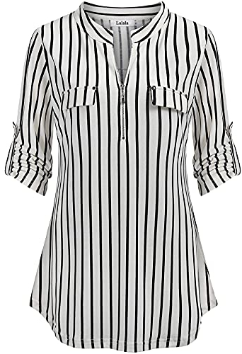 Lalala Damen Streifen Blusen Elegante Langarmshirts Tunika Oberteile T-Shirt V-Ausschnitt Tops (Weiß,XL)