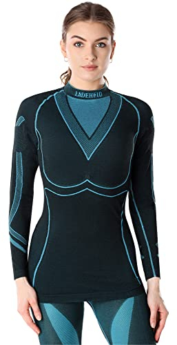 Ladeheid Thermounterwäsche Damen Funktionsunterwäsche Langarm Shirt Thermoaktiv LAGI004 (Schwarz/Turquoise, L)