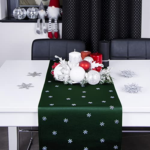 DECOOR Tischläufer für Weihnachten - schmutzabweisendes Tischband, 40 x 160 cm, Dunkelgrün, Weinachtstischläufer aus 200 g/m² Stoff, Kristallen in Form von Schneeflocken, hergestellt in der EU