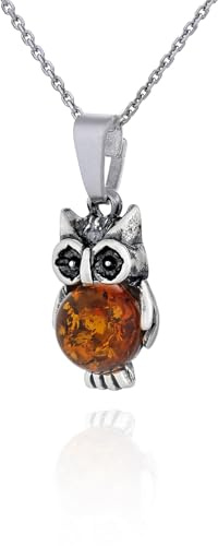 AMBEDORA Damen-Halskette 925 Silber oxidiert, runder Cabochon aus cognacfarbenem baltischem Bernstein, XVI kleiner Eulen-Anhänger mit Ankerkette, Geschenkset