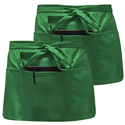 2 Pack Taillen Schürze, Vorbinder Schürze Wasserdicht, Schürze kurz staubdicht, Halbe Schürze mit 3 Taschen, Schürze Kochen für Damen & Herren, Chef, Bäcker, Servers, Kellner, Handwerker (Grün)