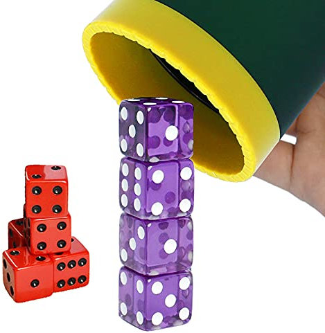 MEISHUNUK Dice Stacking Cup(Green) Set with 4 Pcs 19mm(Puple) and 5 Pcs 18mm(Red) Standard 6 Sided Dices, with Storage Bag-Magic Tricks Instruction