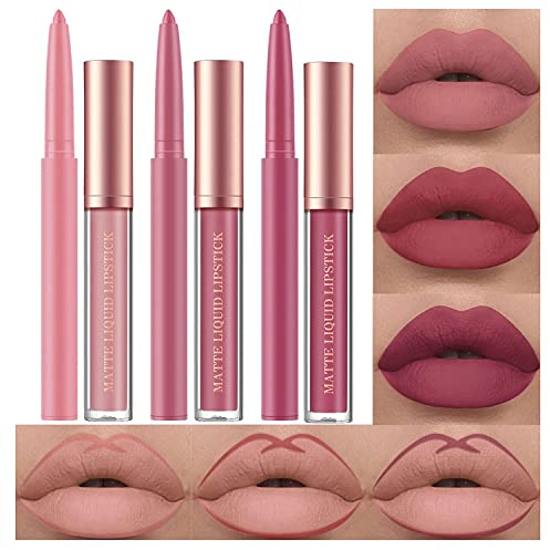 6 Stück Matt Lippenstift & Lip Liner Set, Velvety Nude Lipstick, Stay On 24 Hours Waterproof Non-Stick Cup Not Fade Liquid Lipstick, Lip Liner Lip Gloss Make Up Gift Set (Set A)