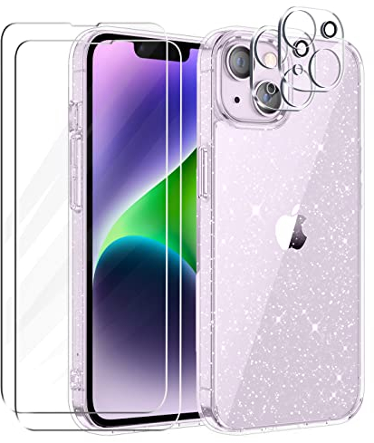 Cover Compatibile con iPhone 14 Custodia Glitter, 2 Pezzi Pellicola Protettiva in Vetro Temperato & 2 Pezzi Pellicola Fotocamera, Brillantini Morbido TPU Protezione Trasparente Case