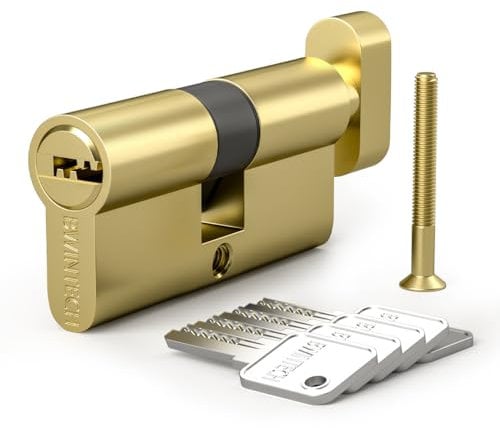 Bwintech 1 piece 45T/50 mm Euro brass cylinder, 95 mm knob/key lock with 5 horizontal brass keys, anti-picking, anti-drilling, anti-snap, anti-bumping, polished brass finish