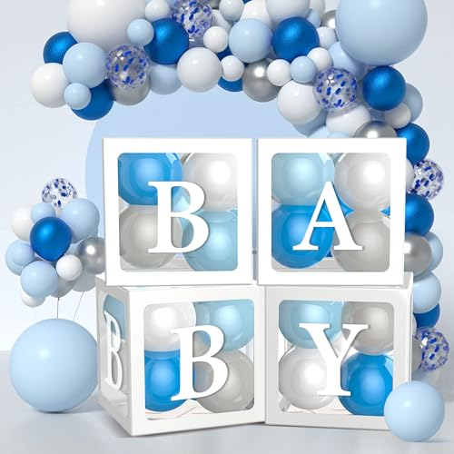 71Stück Babyparty Dekoration mit Luftballons und Buchstaben–Enthalten 33 Luftballons, 4 Durchsichtige Schachteln, 34 Buchstaben BABY*2+A-Z, Gender Reveal Party Deko, Baby Boxen Deko für Junge Mädchen
