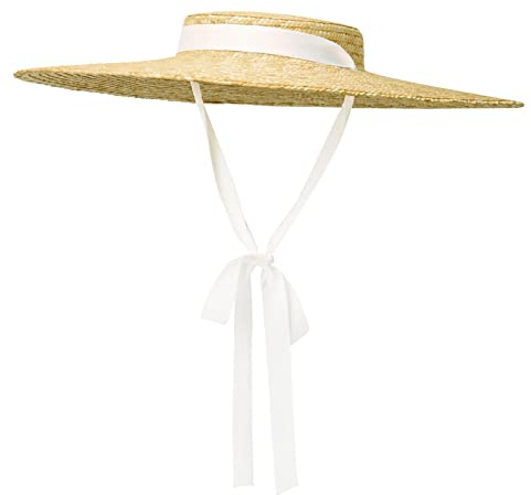 Sonnenhut Strohhut Hut Vintage Strohhut Mit Großer Krempe Für Frauen, Flache Oberseite, Sommer, Strandkappe, Flache Krone, Bootsfahrer, Sonnenhüte, Schleife, Weidenhut, 50 Cm Durchmesser, Weiß