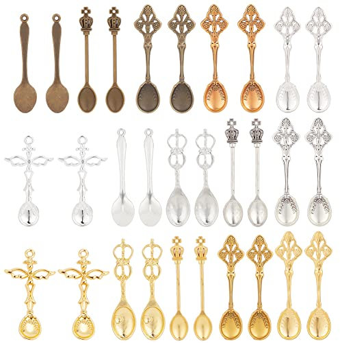 PH PandaHall 30pcs Mini Shovel Spoon, 15 Style Alloy Spoon Pendant Charms Little Tableware Charm Micro Scoop Pendants for Filling Vials Home Supply Necklace Spoon