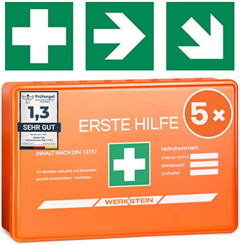 5x Erste Hilfe Kasten DIN 13157:2021 Small - Inkl. praktischer Wandhalterung, 5x Aufkleber, Gesichtsmasken & Feuchttücher - Verbandskasten DIN 13157 für Betriebe, Einrichtungen & Zuhause