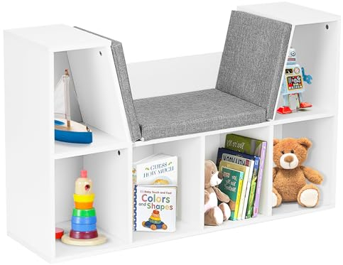 HOMASIS Kinderregal mit Kissen, Bücherregal mit 6 Würfeln, Spielzeugregal aus Holz, Aufbewahrungsregal für Kinderzimmer, Schlafzimmer, Wohnzimmer, belastbar 80kg, 103 x 30 x 63 cm (Weiß)