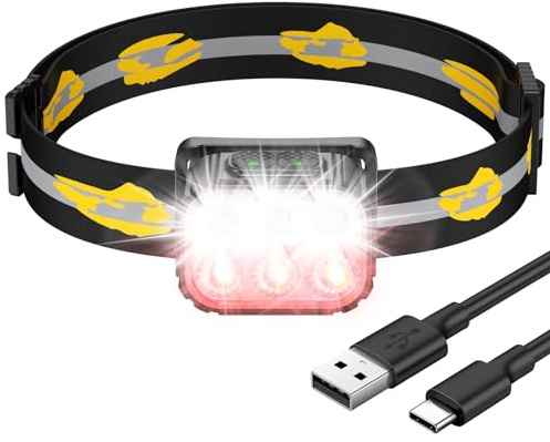 ISEYOU Head Torch Rechargeable, Super Bright Ultralight Headtorch with Red Warning Light, 6 Light Modes, IP65 Waterproof, Running Head Torch for Adults/Kids, 36 Hrs Runtime for Camping, Father's Day