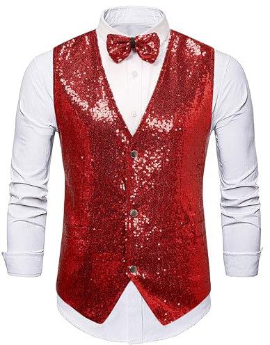 Panegy Herren Ärmellos Jacke mit Pailletten Weste mit Fliege Set Festival Karneval Disco Shiny Vest Herstellergröße S/DE Größe XS-B-Rot