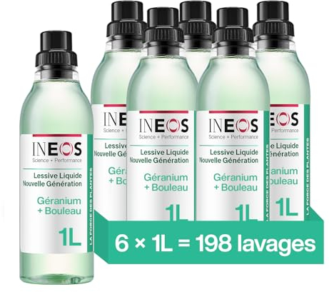 INEOS Lessive Liquide Concentrée, Un Nettoyage Imbattable Grâce Au Pouvoir Des Plantes, Adaptée Aux Peaux Sensibles, Efficace Dès 20°C, Parfum Geranium et Bouleau, 198 Lavages (6 x 1L)