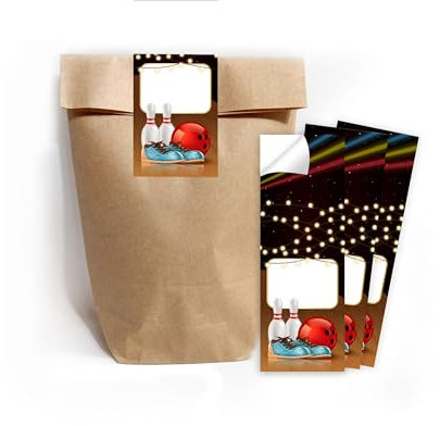 Minkocards 8 Geschenktüten (Natur) + 8 Aufkleber Bowlling Kegeln Bowling-Party Geschenktüten für Mitgebsel Gastgeschenk einpacken beim Kindergeburtstag Jungsgeburtstag Mädchengeburtstag
