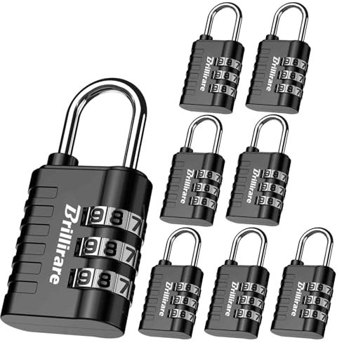 Brillirare Lot de 8 Cadenas, Serrure à Combinaison Serrures à Bagages à 3 Chiffres avec Code Numérique Métal, Serrure avec Code Numérique Résistant aux intempéries pour Sac à Dos, Bobine,Valise (Noir)