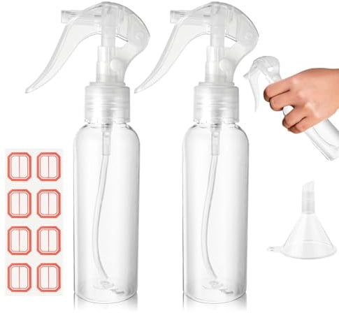 COMNICO 2PCS Small Spray Bottles, 3.5oz/100ml Clear Plastic Hair Spray Bottle Reusable Fine Mist Travel Empty Bottle with Funnels Labels, Refillable Liquid Container for Essential Oils Water Squirt