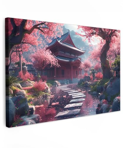 MuchoWow© Bilder Groß 120x80 cm XXL Wohnzimmer Deko Modern Wandbild Foto auf Leinwand Bild Schlafzimmer über Bett Room Decor Geschenke Japanischer Garten - Kirschblüte - Sakura-Bäume - Japan
