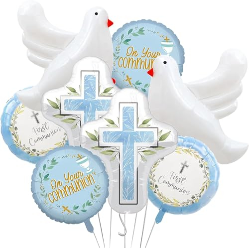 Luftballons Kommunion, 8pcs Taufe Luftballons, Erstkommunion Luftballon, Luftballons Kreuz, Weiße Tauben Ballons, Geeignet für Mädchen, Kleinkinder, Erstkommunion, Taufparty(Blau)