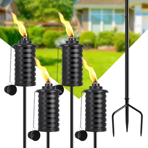 SNOGSWOG Citronella Fackeln für den Außenbereich, 4 Stück, 453.6 g Outdoor Gartenfackeln mit 3 Zinken Erdspieß, 59 Zoll Metallfackel für Gartendekoration, Außenfackeln für Hinterhof, Garten, Terrasse