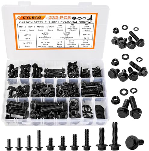 232 Stück M6 M8 M10 Flansch Schrauben Flansch Sechskantschrauben, Kohlenstoffstahl Flanschbolzen Schrauben mit Flansch Muttern und Schrauben Sortiment mit Aufbewahrungskoffer
