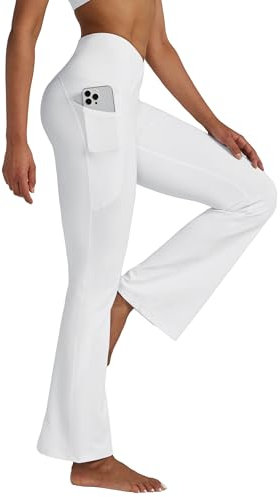 WILLIT Yogahose Damen Flare Leggings Jogginghose Hohe Taille Bootcut Bauchkontrolle Sporthose Büro Stretch Hose Elegante Schlaghose Workout Leggings mit Taschen 31 Weiß M