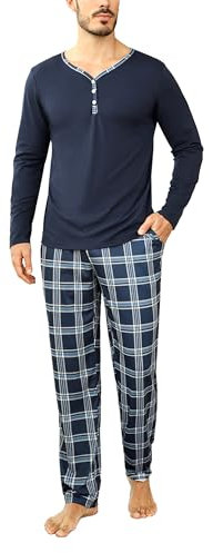 Irdcomps Pyjama Homme Hiver Coton Ensembles de Pyjamas Chauds Manches Longues Col Rond Vêtements De Nuit Pantalon de Pyjama à Carreaux Vêtements de Détente Deux Pièces Confortable Doux Bleu Foncé1 L