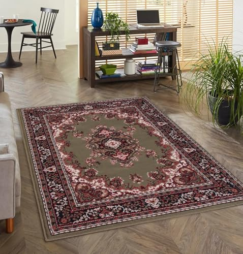 Lord of Rugs Lancashire Traditional Rug for Living Room, Bedroom, Hallways Lounge Classic Carpet Floral Bordered Medallion Oriental Rug Green, Medium 120x160 cm (4'x5'3)