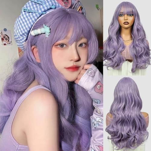 Creamily Parrucca viola lunga con frangia, parrucca lunga riccia con frangia per donne, parrucche viola, parrucche sintetiche naturali resistenti al calore per feste quotidiane, cosplay 24 pollici