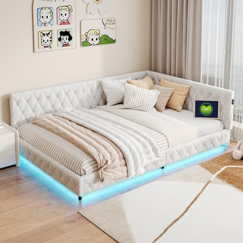 Bettsofa 140 x 200 cm, Veloursrahmen, Doppelbett, LED und USB-Port, 2 Personen (beige)