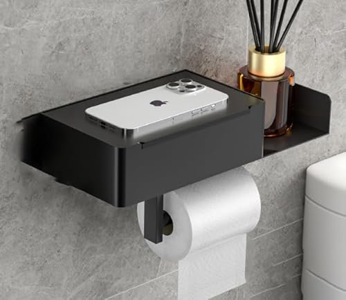 Toilet Paper Holder Stainless Steel Black - Multifunctional Toilet Paper Holder with Wet Wipes Box Toilet Roll Holder, Self-Adhesive, No Drilling, Includes Wet Wipes Box, for Toilet and Bathroom