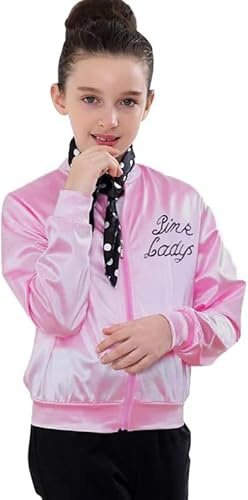 helymore Chaqueta de niña de satén rosa de los años 50 con bufanda para el cuello, para Halloween, carnaval, trajes para niños pequeños, talla 12
