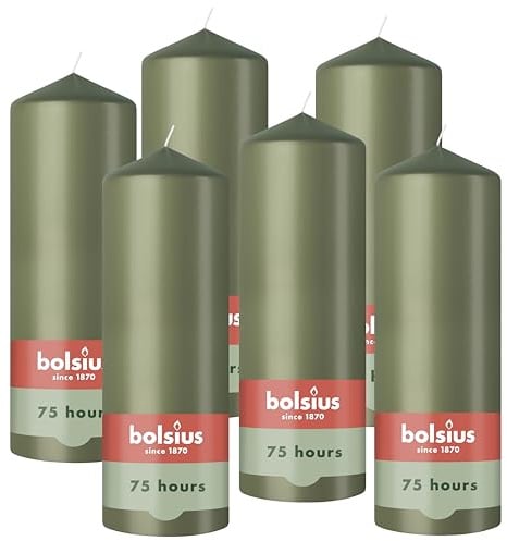 Bolsius - Pillar Candle - Olive Green - 20 cm - Burning Time 75 Hours - with Natural Extracts - Natural Plant Wax - Without Palm Oil