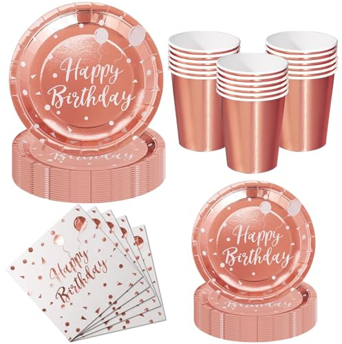 Nkaiso 50 Pcs Or Rose Vaisselle Jetable Anniversaire -10 invités | 10 Assiettes Plates, 10 Assiettes Dessert, 10 Gobelets, 20 Serviettes - Pour Decoration Anniversaire Party