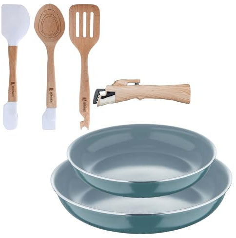 Bergner Click&Cook Juego de 2 Sartenes Ø24Ø28cm Aluminio prensado Verde con Mango extraíble+Juego de 3 Utensilios de cocina en silicona y madera