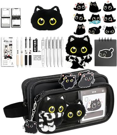 Generisch Federmäppchen Schwarze Katze, Federtaschen Für Mädchen, 10 Fach Etui Stifte Schreibwaren Set, Cartoon Schwarze Katze Motiv