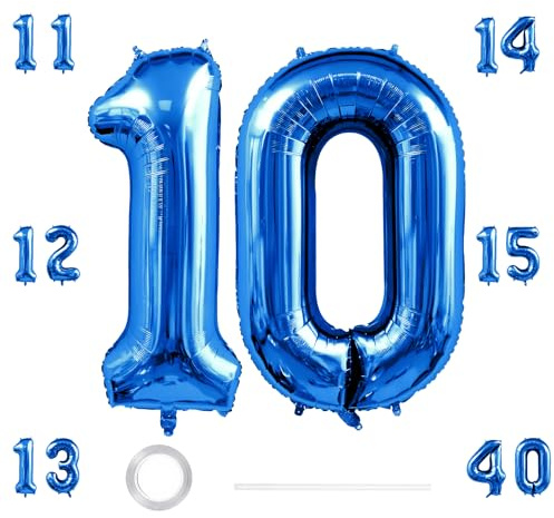 GoldRock XXL Folienballon 10 Geburtstag Junge Mädchen Deko, 40 Zoll Luftballon 10. Geburtstag Junge Mädchen,Geburtstagsdeko 10 Jahre,Zahlen Ballon 10 Blau,Zahlen Luftballon 10 für Jubiläum,Hochzeit