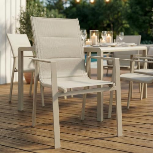 IDIMEX Gartenstühle Trapani 6er Set, Champagner - stapelbar aus Metall, mit Armlehnen, Hochlehner, modernes Design, pflegeleicht, sanft gepolstert mit wetterfestem Textilene Bezug