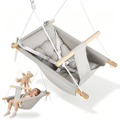 Babyschaukel 3 in 1, Holz-Hängeschaukelsitz mit Sicherheitsgurt und Baumwollkissen, Einstellbar Baby Hängematte Schaukel, Kinderschaukel für Drinnen Draußen, Belastbar bis 60 kg, 6–36 Monate