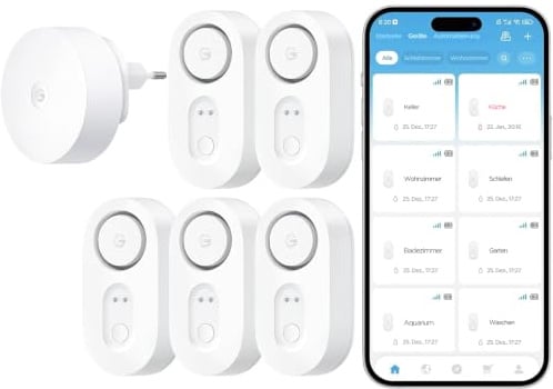 GoveeLife Détecteur d'eau intelligent 1s avec hub, 5 capteurs d'eau | 550m Ultra Portée Capteur d'eau WiFi avec Alarme Forte, Email/APP Push, 5J Support de batterie IP67 pour cave, cuisine