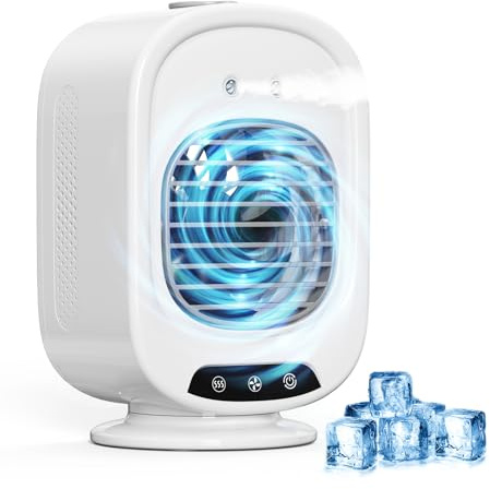 Aire Acondicionado Portatil, Mini Enfriador de Aire Portátil, 4 en 1 USB Recargable con Tanque 300 mL, 3 Velocidades, Adecuado para Dormitorio, Oficina, Camping(Blanco)