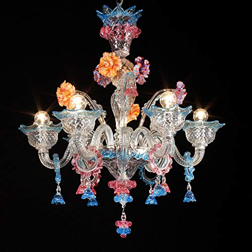BelVetro Lámpara Murano VITALE- 6 luces - Cristal decoración acuamare y rubí