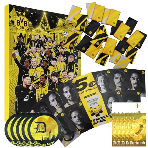 Borussia Dortmund Adventskalender XXL mit Autogrammkarten der BVB 09 Stars, 25 x Schokoladen Täfelchen, Gutschein und 5 gratis Aufkleber forever Dortmund plus 5 Lesezeichen I Love Dortmund