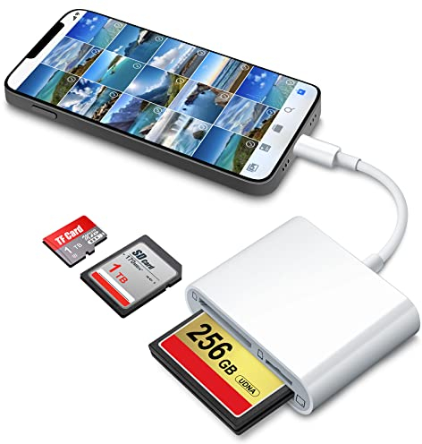 DenicMic Lector de tarjetas SD CF para iPhone, iPad, SD, CF, TF, lector de tarjetas de memoria, adaptador de cámara digital, lector de cámara de trail, para iPhone 11/X/8 Plus/8/7 Plus/7/6S, iPad