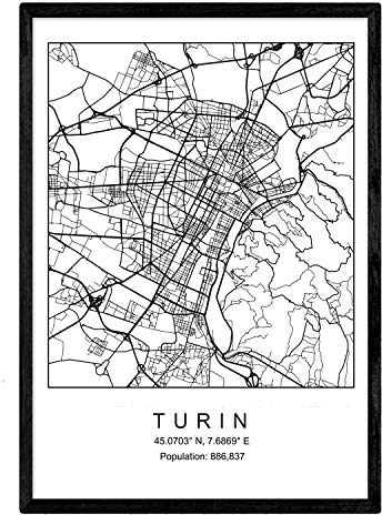 Nacnic Blade Turin Stadtkarte im nordischen Stil schwarz und weiß. Plakat A4 bedruckte Papier Keine 250 gr. Gemälde, Drucke und Poster für Wohnzimmer und Schlafzimmer