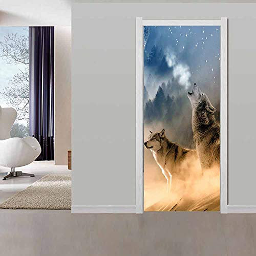 Stickers 3D Porte Poster Chien-Loup Animal Créatif Papier Peint Porte Trompe L'Oeil Pour Salon Chambre Décoration De La Maison Stickers Muraux Imperméable Stickers Amovibles 88X200CM