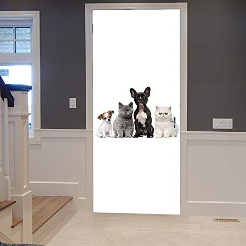 A.Monamour Türtapete Selbstklebend Türfolie Türposter 3D Gruppe Von Hunden Und Katzen Die In Einer Reihe Weißes Hintergrund Sitzen Vinyl Folie Türdeko Tapete Wandbild Türaufkleber Türtattoo 90 x 200cm