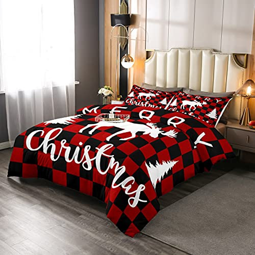 Homewish Frohe Weihnachten Bettwäsche Set Weihnachten Hirsch Tröster Set 155x220 Elch Christbaumschmuck Bettdecke Set Rot Schwarz Kariertes Muster Daunendecke Für Kinder Jungen Mädchen