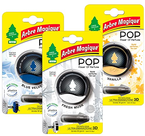 Arbre Magique POP, Parfum Auto Solide, Lot de 3 Pièces Bleu Velours, Vanille et Frais Musc, Délicat et Frais, Durée Jusqu'à 30 Jours