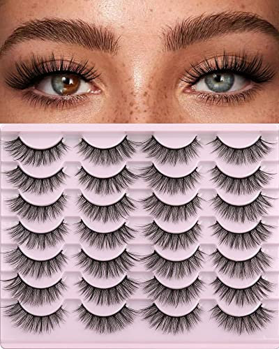 Kiromiro False Eyelashes 14mm Faux Mink Lashes Natural Look 3D Fluffy Cat Eye Wispy Lashes Pack, 14 Pairs