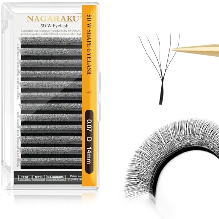 NAGARAKU 5D Lashes, W Shape Eyelash Extensions 0.07mm D Curl 14mm Volume Lashes Hand Woven Long Stem Matte Black Premade Fans 5 Tips False Eyelash